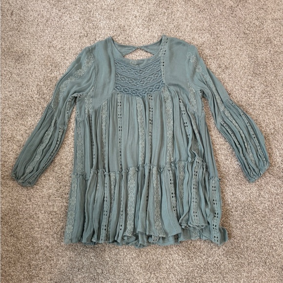 Free People Seafoam Green Embroidered Boho Tunic Dress Open Back Size SP - Picture 11 of 11